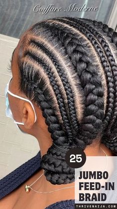 What are feed-in braids? Jumbo feed-in braids are just like the typical cornrows and braids intertwined to form one particular hairstyle which is the feed-in braid. Jumbo Cornrow Braids Straight Back, Easy Feed In Hairstyles, Feed In Braids For Round Faces, Jumbo Stitch Braids Cornrows, Goddess Braids Cornrows Jumbo, Three Cornrows Braids, Cornrows Low Bun, 5 Cornrows Braids Black Women, 7-8 Feedin Braids