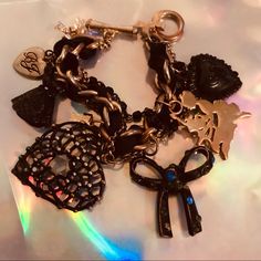 Charm Dangle Bracelet Statement Piece By Betsey Johnson Vintage Pre/Owned With Wear And May Have Chips/Missing Stones Etc Jewelry Vanity, Dangle Bracelet, Betsey Johnson Jewelry, Bracelet Charm, Womens Jewelry Bracelets, Betsey Johnson, Vintage Black, Statement Pieces, Black Color