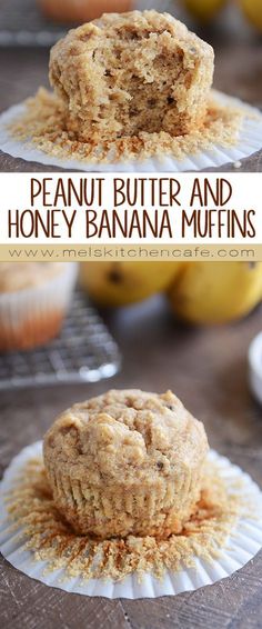 peanut butter and honey banana muffins are stacked on top of each other