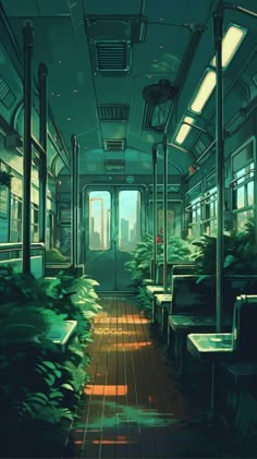 an empty train car filled with lots of plants