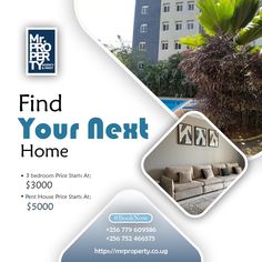 a flyer for a real estate sale with an image of a couch and palm tree