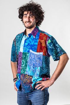 This patchwork shirt is the life of the party, and so are you. The brilliant bohemian radiance of this one-of-a-kind Hawaiian shirt is sure to turn heads and stoke the fires of individuality. Made from individual patches of handcrafted batik fabric from Indonesia complimented by bamboo buttons, each one of these shirts is UNIQUE and colors and patterns WILL DIFFER to reflect the interconnected and often varying nature of the universe. The result is the only shirt in the world that is as unique a