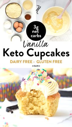 vanilla keto cupcakes with frosting and sprinkles on top