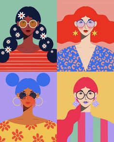 four women with different colored hair and glasses on their faces, all wearing flowery headbands