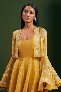 Lemon yellow anarkali kurta that has strappy sleeves paired with sheer embroidered jacket  featuring sequin, silver zardozi and dori work. - Aza Fashions Festive Fitted Anarkali Set With Cape Sleeves, Elegant Anarkali Set With Cape Sleeves For Festivals, Fitted Anarkali Set With Cape Sleeves For Festive Season, Festive Designer Anarkali Set With Cape Sleeves, Anarkali Set With Sheer Dupatta And Cape Sleeves, Festive Anarkali Set With Cape Sleeves, Eid Anarkali Set With Cape Sleeves, Cape Sleeves Anarkali Set For Reception And Festivals, Bollywood Style Wedding Kurta With Cape Sleeves