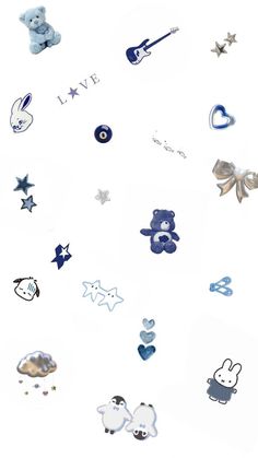 an assortment of stickers that include teddy bears and other things in the sky above them