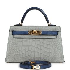 Hermes Special Order (HSS) Kelly Sellier 20 Gris Perle and Bleu de Malte Matte Alligator Gold Hardware Hermes Special Order, Tas Hermes, Kelly Sellier, Luxury Bags Collection, Tas Fashion, Girly Bags, Kelly Bag, Fancy Bags, Luxury Purses