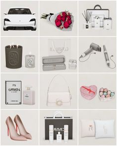 many different items are arranged on a white background, including purses and perfume bottles