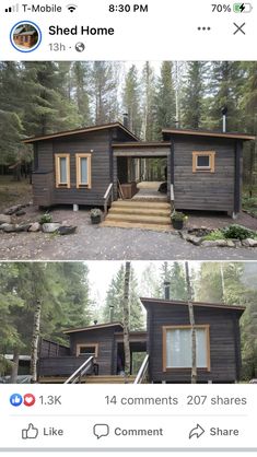 the before and after pictures show how to build a cabin on stilts in the woods