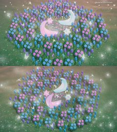 two pictures of the same flower garden with blue and pink flowers in it, one is shaped like a crescent