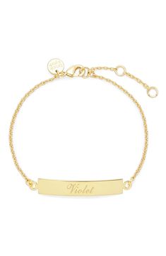 Timeless monogram etching makes this elegant, American-made bar bracelet a meaningful gift. 6" length; 1" extender Lobster clasp closure 14k-gold plate Made in the USA Name Plate Bracelet Gold, Gold Bracelet With Name, Newborn Bracelet, Name Bracelet Gold, Gold Name Bracelet, Bracelets Name, Personalized Gold Bracelet, Gold Bar Bracelet, Petite Earrings