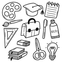 black and white drawing of school supplies