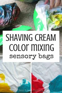 a collage of different colored bags with text that reads shaving cream color mixing