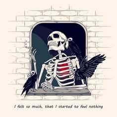 a skeleton sitting in front of a window with a crow on it