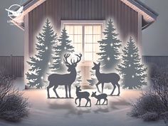 an image of christmas scene with deer and fawns in front of a house