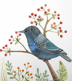 a blue bird sitting on top of a tree branch with berries and leaves around it