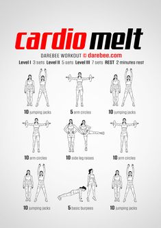 the cardio melt workout poster shows how to do it with dumbs and exercises