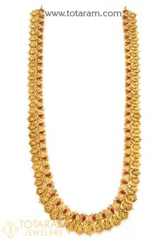 22K Gold 'Lakshmi Kasu' Long Necklace / Kasulaperu with Beads (Temple Jewellery) - 235-GN3544 in 155.200 Grams Mahalakshmi Jewellers Long Chains, Kasulaperu With Locket, Gold Kasulaperu Designs, Kasulaperu Jewellery, Long Haram Gold Jewellery Designs, Kasula Peru, Falooda Recipe, Ruby Jewelry Necklaces, Temple Jewellery Earrings