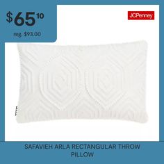 a white pillow with an embroidered design on the front and side, $ 65 to $ 59