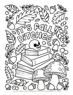 an adult coloring page with books and mushrooms