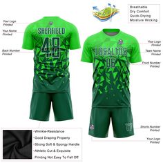 the soccer uniform is green and has black details on it, along with instructions for how to