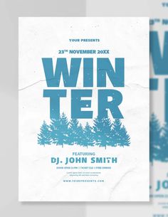 a flyer for a winter party with trees on the front and back, which reads winter