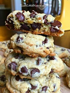 chocolate chip cookies stacked on top of each other