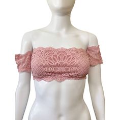 Add A Feminine Touch To Your Wardrobe With This Dainty Baby Pink Bralette From Victoria Secret’s Dream Angels Collection. Fabric Is A Semi Sheer Lightweight Lace Material And Is Pullover Style With No Hooks Or Closures. Off The Shoulder Style Condition Is New With Tags Pink Fitted Lace Crop Top, Fitted Pink Top With Delicate Lace, Fitted Pink Delicate Lace Top, Summer Bandeau Lace Bra, Victoria's Secret Lace Tops For Summer, Summer Strapless Lace Bra, Fitted Pink Top With Crochet Lace, Spring Delicate Lace Fitted Bra, Victoria's Secret Stretch Bra For Summer