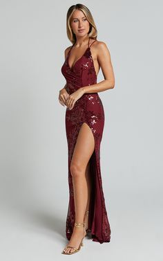 Out Till Dawn Maxi Dress - Thigh Split Dress in Wine Sequin | Showpo USA Thigh Split Dress, Homecoming Inspo, Split Dress Thigh, Gorgeous Prom Dresses, Prom 2024, Winter Formal, Pretty Prom Dresses, Sparkle Dress, Split Dress