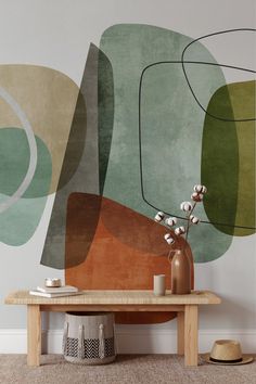 Overlapping geometric shapes in various colors on wallpaper from HappyWall 13 Wallpaper, Mid Century Wallpaper, Modern Mural, Mural Wall, Types Of Rooms, Forest Flowers, Minimal Modern, Modern Wallpaper, Old Wallpaper