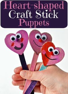 heart shaped craft stick puppets with text overlay that reads, heart shaped craft stick puppets