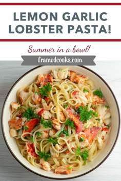 lemon garlic lobster pasta in a bowl with parsley