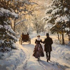 a painting of two people walking in the snow with a horse and carriage behind them