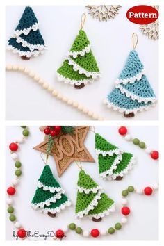 crochet christmas tree ornament is shown in three different colors and sizes