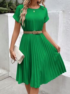 Women Summer Fashionable And Elegant Round Neck Pleated Batwing Short Sleeve Dress Green Casual  Short Sleeve Woven Fabric Plain A Line Non-Stretch  Women Clothing, size features are:Bust: ,Length: ,Sleeve Length: Mini Skirt Fashion, Printed Sleeveless Top, Women Midi, 70 Dress, Dress For Short Women, Pleated Mini Skirt, Short Sleeve Dress, Kids Beachwear, Womens Midi Dresses