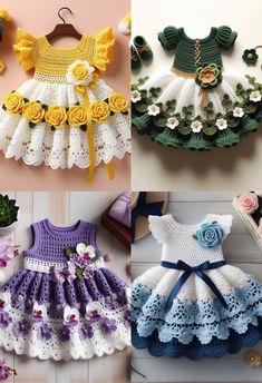 crocheted baby dresses are displayed in different colors and sizes, with flowers on them