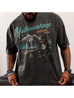 Men Youth T-Shirts, Retro Oversized Men's Yellowstone National Park T-shirt Oversized Letter Print T-shirt For Outdoor, Mens Printed T Shirts, Yellowstone Park, School Season, Autumn Style, Yellowstone National, Pullover Designs, Yellowstone National Park, Comfy Outfits