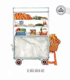 a drawing of a food cart with breads and other foods on the top shelf