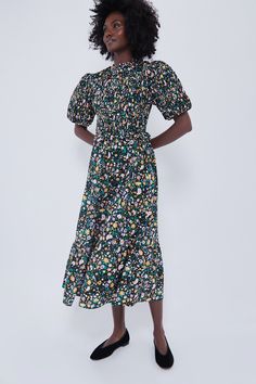 Black Multi Floral Smocked Samantha Midi Dress Vibrant Florals, Travel Wrap, Bold Patterns, Cocktail Attire, Cocktail Parties, Current Styles, Night Looks, Dinner Parties, Tiered Skirt