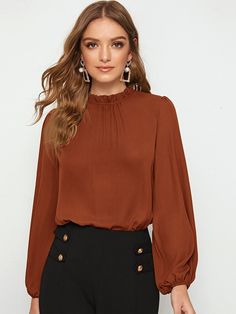 Rust Brown Elegant  Long Sleeve Polyester Plain Top Embellished Non-Stretch Spring/Fall Women Tops, Blouses & Tee Lantern Sleeve Top, Metallic Blouses, Women Tie, Backless Crop Top, Plain Tops, Women Blouses, Puff Sleeve Blouse, Plain Shirts, Lantern Sleeve