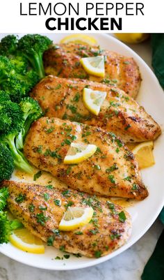 lemon pepper chicken on a plate with broccoli and lemons in the background