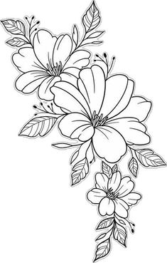 a black and white drawing of flowers with leaves on the bottom half of each flower