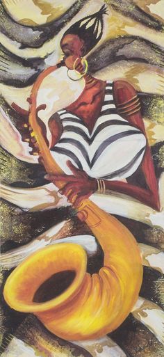 a painting of a woman holding a large yellow instrument in her right hand and looking down at the ground