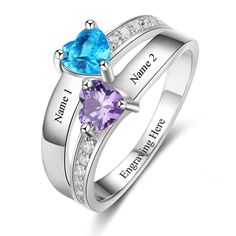 Sterling Silver 2 Birthstone Promise Ring is a double layered ring with two heart shaped stones on it which can be customized as per birth moth also two names can be engraved on it making it in ideal rings for couples, it has small silver stones on the side making it a perfect gift of any occasion for couples. Features: Color: Silver Material: Silver Style: Personalized Size: Available Size: US - 6/7/8/9 Weight: 3.2g Size Chart: Size Circumference(mm) UK,Europe & Australia CN/SG/JP Switzerland 6 Mother's Rings, Personalized Promise Rings, Matching Promise Rings, Rings Pandora, Birthstone Promise Rings, Best Friend Rings, Birthstone Ring Mothers, Couples Ring, Friend Rings