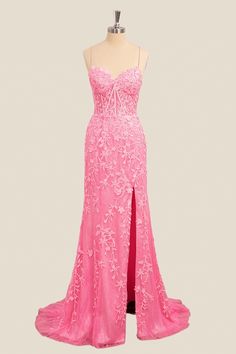 Pink Gown With Sweetheart Neckline And Fitted Bodice, Pink Lace Corset Dress With Fitted Bodice, Pink Mermaid Dress With Sweetheart Neckline For Prom, Pink Lace Corset Dress For Prom, Pink Lace Prom Gown, Lace Gown With Spaghetti Straps For Prom Season, Pink Corset Dress For Gala During Prom Season, Lace Gown With Spaghetti Straps For Prom, Pink Spaghetti Straps Evening Dress For Bridesmaids