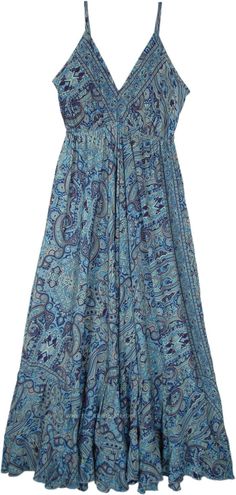 Symphony Of Blues Maxi Long Dress | Dresses | Blue | Sleeveless,Vacation, Beach, Floral, Printed Blue Hippie Dress, Vintage Beach Dress, Blue Paisley Dress, Coastal Cowgirl Dress Outfit, Summer Blue Paisley Print Dress, Spring Blue Paisley Print Dress, Blue Cotton Dress With Paisley Print, Elegant Blue Paisley Print Dress, Blue Boho Dress