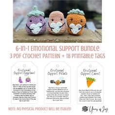 the crochet pattern for three little animals is shown with instructions to make them look like they are smiling