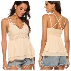 Cute Spring / Summer Lace Tank Top Size Medium Adjustable Straps Nwt Apricot Color This Very Flattering Top Could Be Worn For A Casual Summer Day With Shorts, Or Jeans, Or Can Easily Be Dressed Up! It’s Flowy, And Layered With A Scrunched Back For A Good Form Fit While Still Flaring Out Under The Bust Line Creating A Nice Silhouette. M: Bust----35.5"-37.5", Length----25.9" Tags: Women's V Neck Lace Strappy Cami Tank Tops Casual Cute Lace Tops New With Tags Camisole Beach Party Peach Cream Tan Li Chic Apricot Sleeveless Top, Chic Apricot Summer Tops, Trendy Apricot Summer Tops, Chic Peach Tops For Vacation, Peach V-neck Top For Beach, Summer Apricot Tops For Vacation, Apricot Summer Tops For Vacation, Peach Cami Top For Summer, Apricot Sleeveless Beach Tops