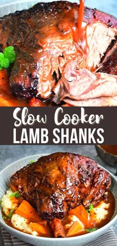 slow cooker lamb shanks with carrots, potatoes and gravy in a bowl