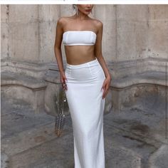 Skirt Only Brand New With Tag White Fitted Maxi Skirt, White 2 Piece Outfit, White Two Piece Outfit, White Two Piece Set, Engagement Party Dresses, White Two Piece, White Top Women, High Waisted Maxi Skirt, Strapless Crop Top